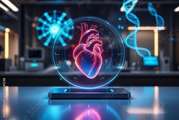 Obraz Ein holografisches 3D-Modell eines menschlichen Herzens schwebt über einer High-Tech-Oberfläche, umgeben von leuchtend blauen biometrischen Daten. Im Hintergrund sind Laborgeräte und DNA-Grafiken.