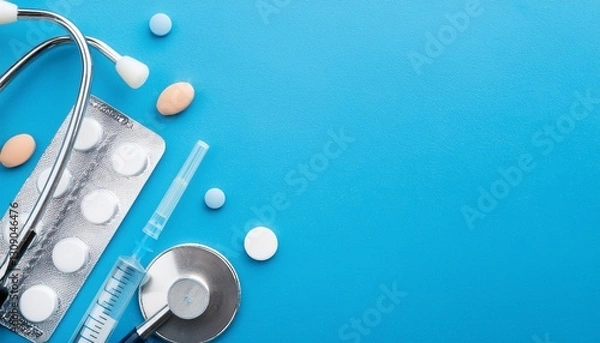 Obraz Pills and medical equiupments including stethoscope, syringe and scissors on blue background