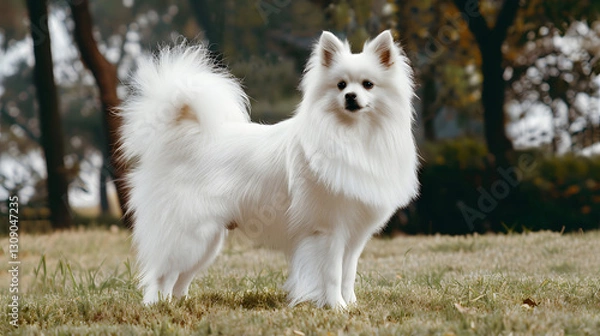 Fototapeta American Indian Spitz dog with a pure white coat, captured in a full-body portrait with a soft and fluffy appearance.
