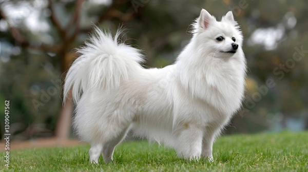 Obraz American Indian Spitz dog with a pure white coat, captured in a full-body portrait with a soft and fluffy appearance.