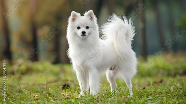 Obraz American Indian Spitz dog with a pure white coat, captured in a full-body portrait with a soft and fluffy appearance.