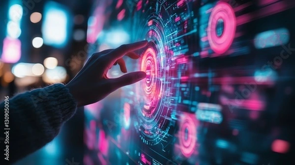 Fototapeta Close-up of a hand interacting with a futuristic, holographic interface.  Vibrant neon colors illuminate the technological display.