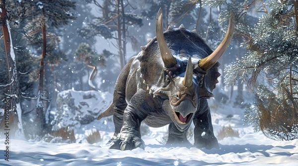 Obraz An adult Triceratops in the snow with its head raised high, showcasing its powerful horns and thick, scaly skin.