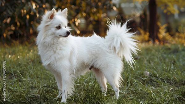 Obraz American Indian Spitz dog with a pure white coat, captured in a full-body portrait with a soft and fluffy appearance.
