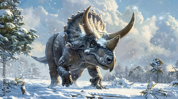 Obraz An adult Triceratops in the snow with its head raised high, showcasing its powerful horns and thick, scaly skin.