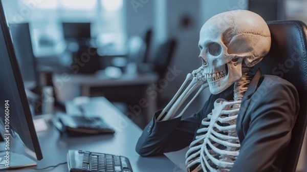 Obraz Skeleton businessman waits for market rally, long hours, no salary increases