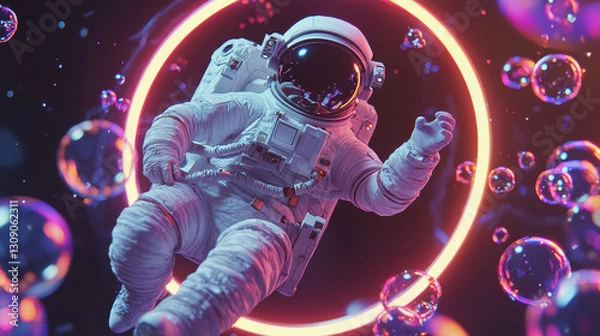 Fototapeta Futuristic astronaut floating in deep space surrounded by glowing neon light ring and iridescent bubbles in a cosmic galaxy with vibrant colors and dreamy atmosphere