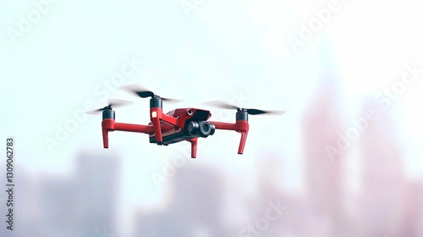 Fototapeta Red Drone Flying Against a Blurry Cityscape in Bright Daylight with Modern Technology