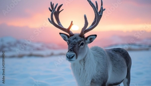 Fototapeta A portrait of a reindeer standing on a snowy hill at dawn in the Tromsø region of northern Norway. The reindeer’s antlers are large and symmetrical, with frost glistening on their edges.