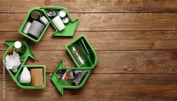 Obraz recycling symbol filled with garbage on wooden background