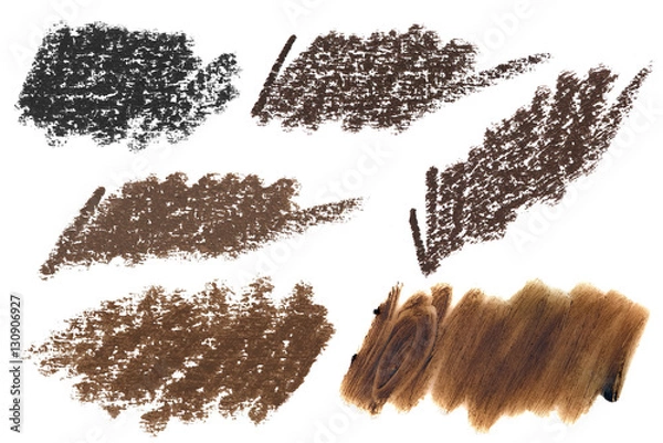 Fototapeta Set of six black and brown color cosmetic eyebrow pencil strokes on paper and glass, beauty product sample isolated on white background, clipping paths included