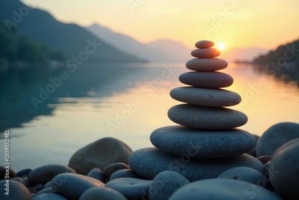 Obraz Serene Sunset Stones Stacked by Calm Water at Dawn Reflecting Peace and Tranquility