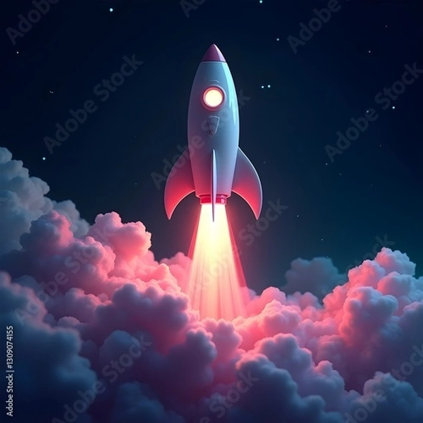 Obraz A futuristic cyberpunk-inspired scene depicting a powerful rocket lifting off amidst thick clouds of smoke, set against a surreal alien terrain.
