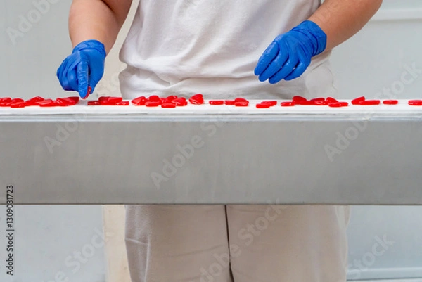 Fototapeta Quality control employee checking gummy hearts production at the candy factory