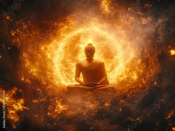 Obraz Celestial Buddha: Enlightenment Amidst Cosmic Flames