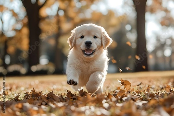 Obraz Golden Retriever Puppy Running Through Autumn Leaves