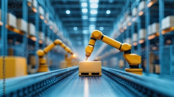Fototapeta Futuristic Robot Standing on Moving Conveyor Belt in Industrial Warehouse Setting Reflecting Advanced Technology and Automation in Modern Manufacturing