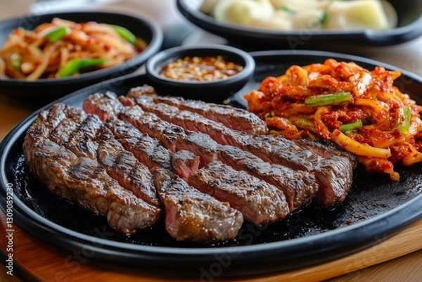 Obraz Culinary Delight: Savor the mouthwatering allure of a perfectly grilled steak, artfully presented alongside vibrant side dishes and flavorful sauces.