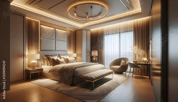 Fototapeta "A luxurious modern bedroom with warm ambient lighting. The room features a large bed with a cushioned headboard, decorated with elegant pillows and a soft blanket. A sleek bench sits at the foot of t