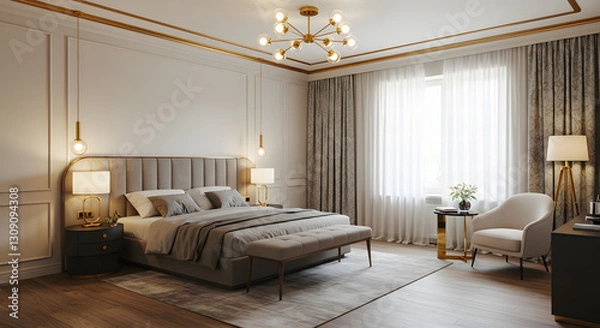 Fototapeta "A luxurious modern bedroom with warm ambient lighting. The room features a large bed with a cushioned headboard, decorated with elegant pillows and a soft blanket. A sleek bench sits at the foot of t