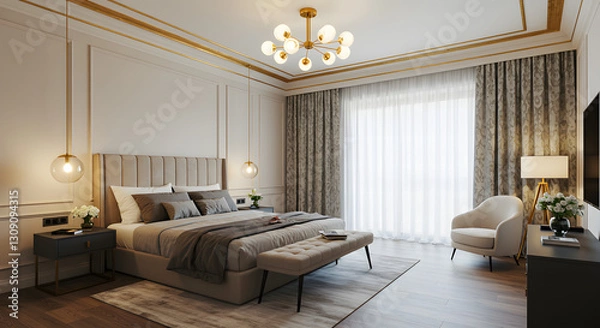 Fototapeta "A luxurious modern bedroom with warm ambient lighting. The room features a large bed with a cushioned headboard, decorated with elegant pillows and a soft blanket. A sleek bench sits at the foot of t