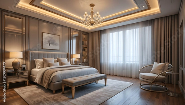 Fototapeta "A luxurious modern bedroom with warm ambient lighting. The room features a large bed with a cushioned headboard, decorated with elegant pillows and a soft blanket. A sleek bench sits at the foot of t
