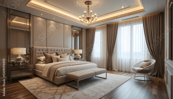 Fototapeta "A luxurious modern bedroom with warm ambient lighting. The room features a large bed with a cushioned headboard, decorated with elegant pillows and a soft blanket. A sleek bench sits at the foot of t
