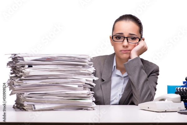 Fototapeta Angry woman with piles of paper on white