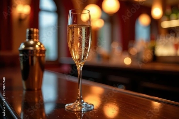 Obraz A single glass of sparkling beverage rests on a dark wood surface in a dimly lit bar setting with a cocktail shaker subtly out of focus in the background