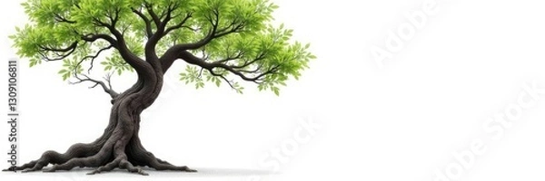 Fototapeta Tree with gnarled branches against white backdrop, organic, branches, foliage