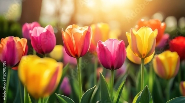 Fototapeta Radiant display of colorful tulips basking under a golden sunlight glow
