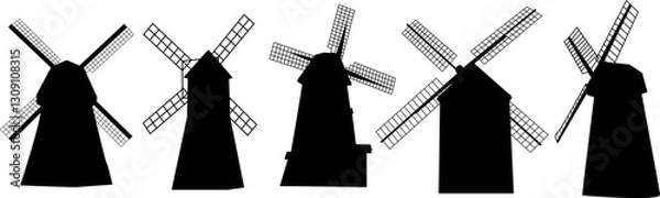 Obraz windmills silhouette set, vector on white background