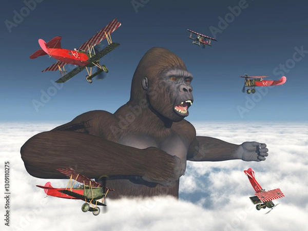 Fototapeta Doppeldecker attackieren einen riesigen Gorilla über den Wolken