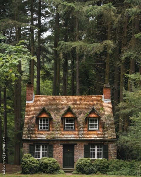 Fototapeta Rustic shingle roof on a cozy countryside cottage, framed by tall trees