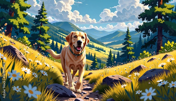 Fototapeta Happy dog walking on a mountain path with flowers