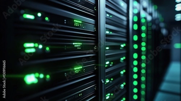 Fototapeta  A close-up shot of the server rack in an advertising agency's data center, with glowing green lights indicating activity and ambient lighting creating depth. 