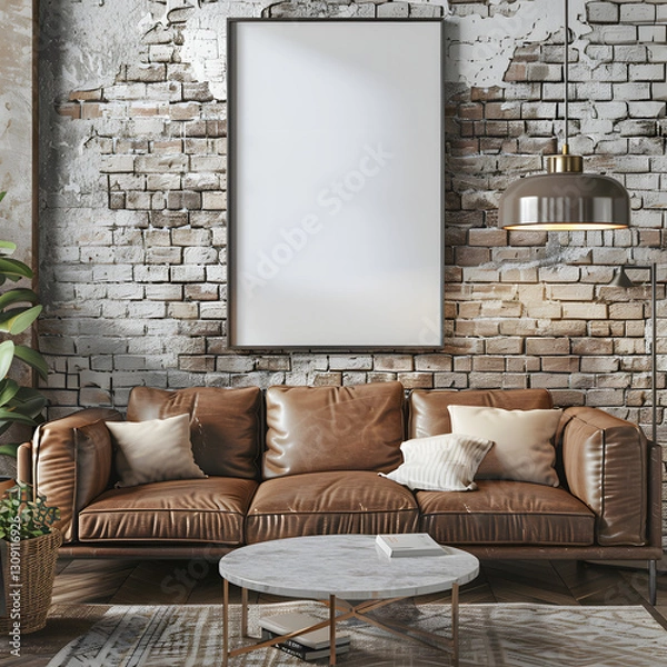 Fototapeta A loft living room featuring a leather couch with pillows, a large blank framed artwork on the wall.