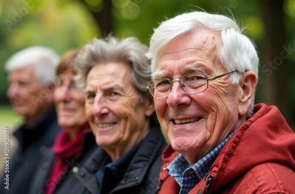 Fototapeta Happy group of senior friends smiling outdoors, enjoying retirement, friendship, and a joyful lifestyle in nature, aging with positivity.
