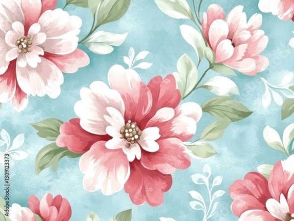 Fototapeta Pastel Pink and Red Floral Seamless Pattern on Teal Background.