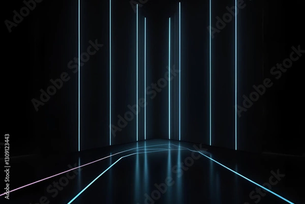 Obraz Neon Corridor: A futuristic corridor bathed in the cool glow of neon lights, with a minimalist design that creates a sense of depth and architectural beauty.