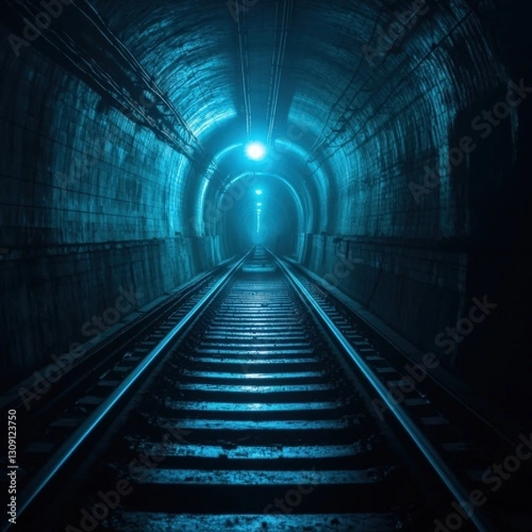 Fototapeta Dimly lit railway tunnel with blue lighting, showcasing tracks leading into the distance, evoking mystery