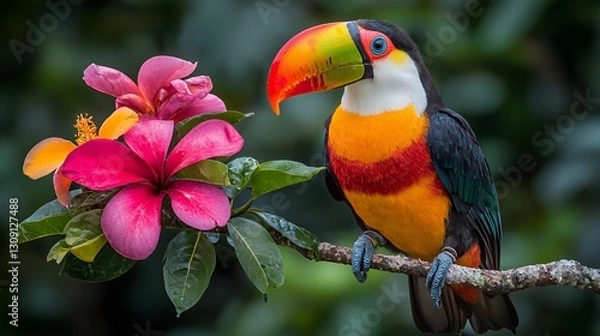 Fototapeta Colorful Toucan Perched on Branch with Pink Flower