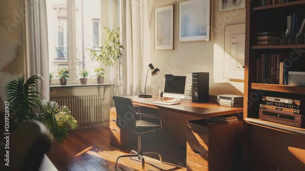 Fototapeta Stylish home office with a sleek desk, ergonomic chair, and natural light streaming in through a large window