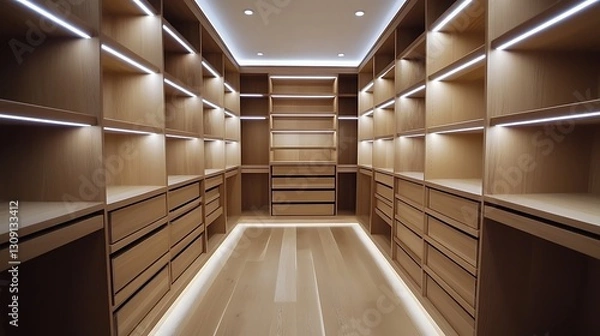 Obraz Empty walk-in closet with wood shelves, drawers, and lights. Interior design use