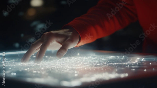 Obraz person interacting with digital interface, exploring glowing map of data. hand hovers over surface, creating sense of wonder and discovery