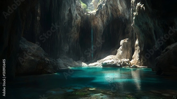 Fototapeta Dark Cave with Teal Pool and Sunlight