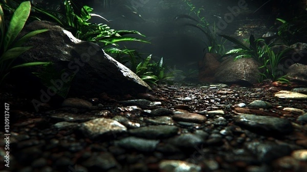 Fototapeta Dark Forest Path with Wet Rocks and Lush Greenery