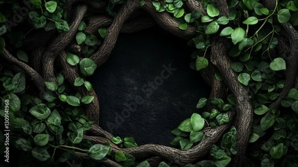 Fototapeta Dark Green Lush Vines Frame a Circular Black Background