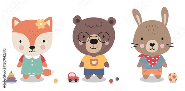Fototapeta Set of funny cartoon animals. Woodland characters. Cute Forest animals. Little fox, bear, bunny, for baby shower, nursery, textile, birthday kids print, invitation cards.