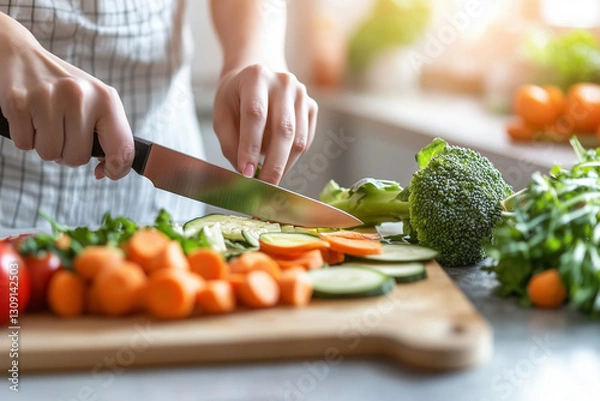 Obraz A close-up shot of hands using a kitchen knife to cut vegetables